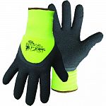 3/4 dip textured latex palm. High-vis green stretchable nylon shell. Terry cloth lined. Knit wrist.