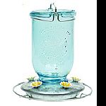 Attracts hummingbirds and adds a vintage touch to your yard Reminiscent of vintage blue glass canning jars Metal base and 5 flower feeding ports are easy to clean