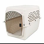 40x27x30 inches. For pets 70 to 90 pounds such as boxers, german pointers and labrador retrievers. Offers a simple and basic way to train pets and keep them safe. Consists of heavy duty plastic top and bottom sections, secure locking steel door and wing n