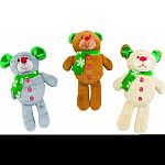 Durable, soft body bear toy with christmas scarf and buttons Squeaks when played with to entertain pet Use as a toss and fetch toy For indoor or outdoor play