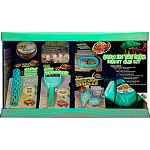 Comes with all the basics to starting a hermit crab habitat Includes 10 gallon glow in the dark terrarium, 2pk glow in the dark hermit crab shells, glow in the dark hermit crab bowl, Glow in the dark dual thermometer and humidity gauge, drinking water con