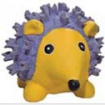 Thick-walled, stuffed latex is 100 percent natural. Paint used for the eyes is non-toxic and lead-free. Features a super loud squeaker.   Yellow and violet bright colored dog toy.