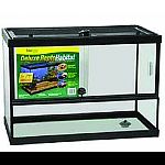 Sliding front door aquarium. Ventilation track. Door handle with locking mechanism. Door is padlock compatible. Punch outs for cord routing. Innovative drain feature. Low profile allows tank to sit on a stand with a top if drain will not be used.