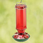 Classic Red hummingbird feeder with 4 flower ports. Hang in your yard and enjoy. Capacity: 16 oz.