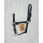 Weanling Adjustable Halter with Chin Strap. Chin strap is adjustable and it has a throat snap. 3/4 inch thick (nylon)